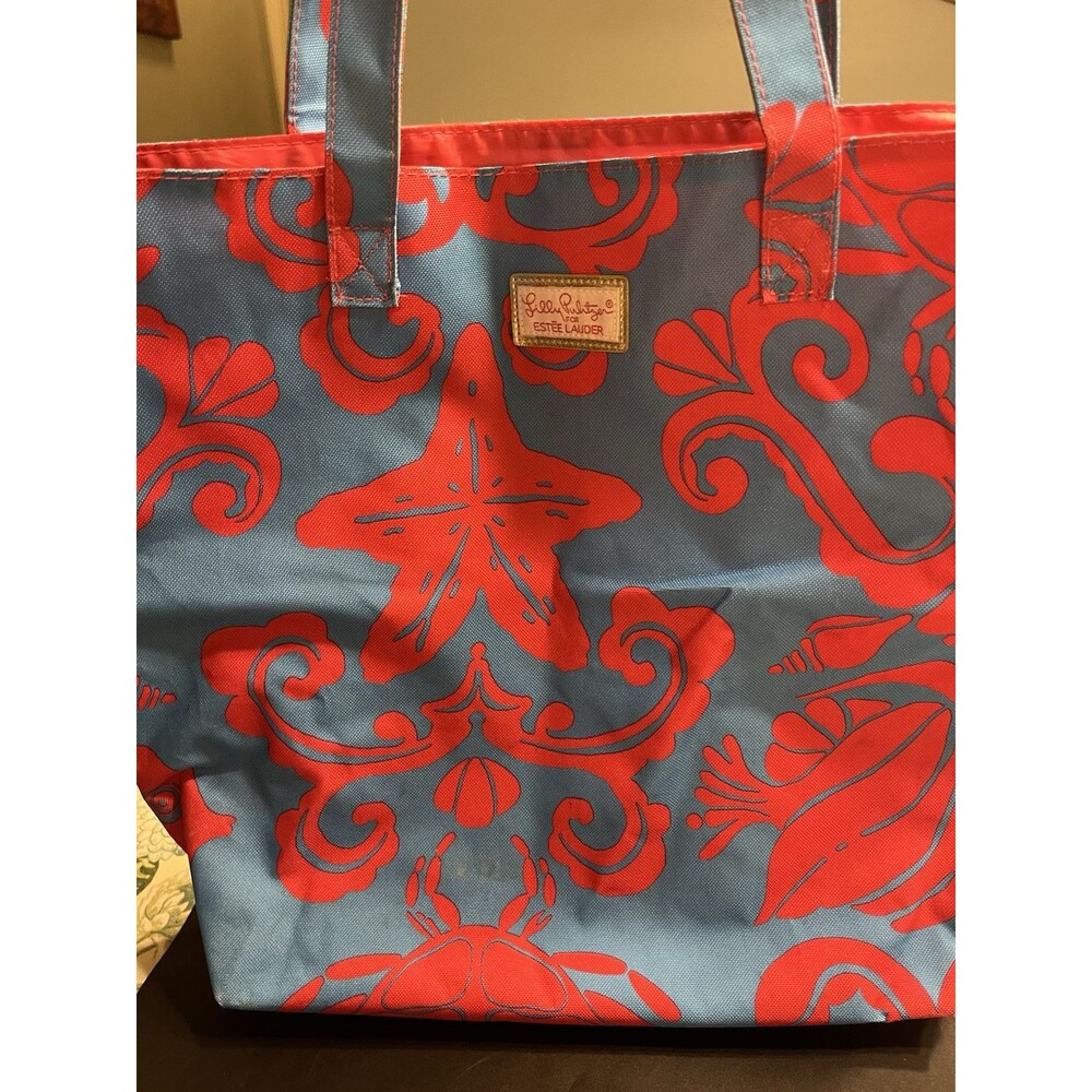 Lilly Pulitzer Estee Lauder Tote Beach Bag Blue Pink Crab Ocean Vacation EUC